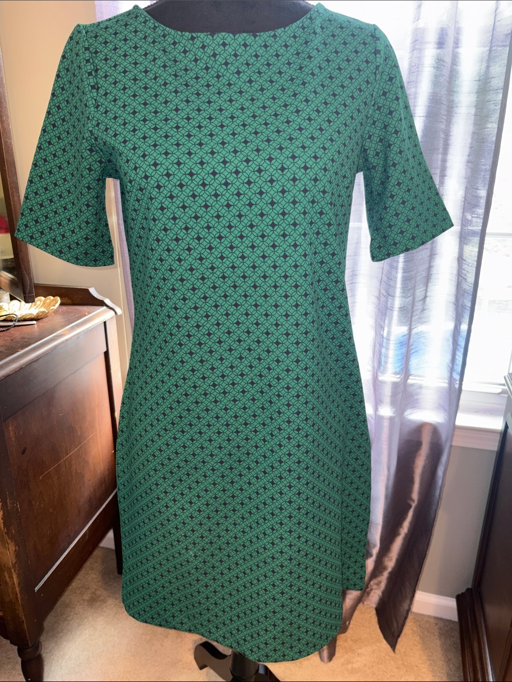 Banana Republic Green Patterned Short-Sleeve Midi Dress